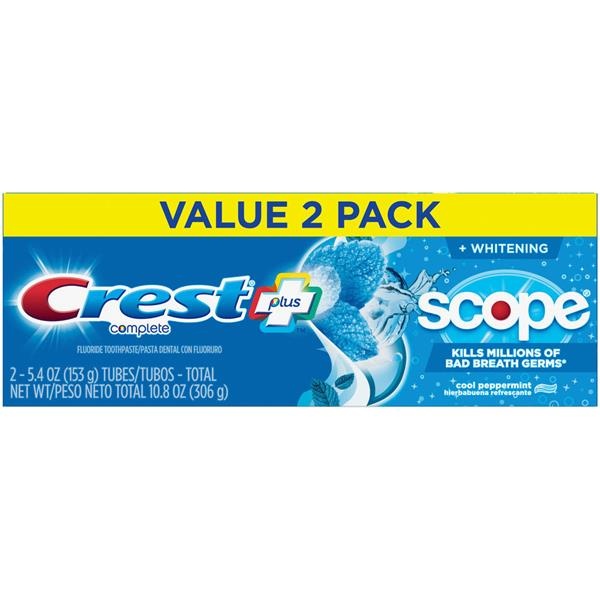 slide 1 of 1, Crest + Scope Complete Whitening Toothpaste, Cool Peppermint Value Pack, 2 - 5.4 Oz Tubes, 10.8 oz