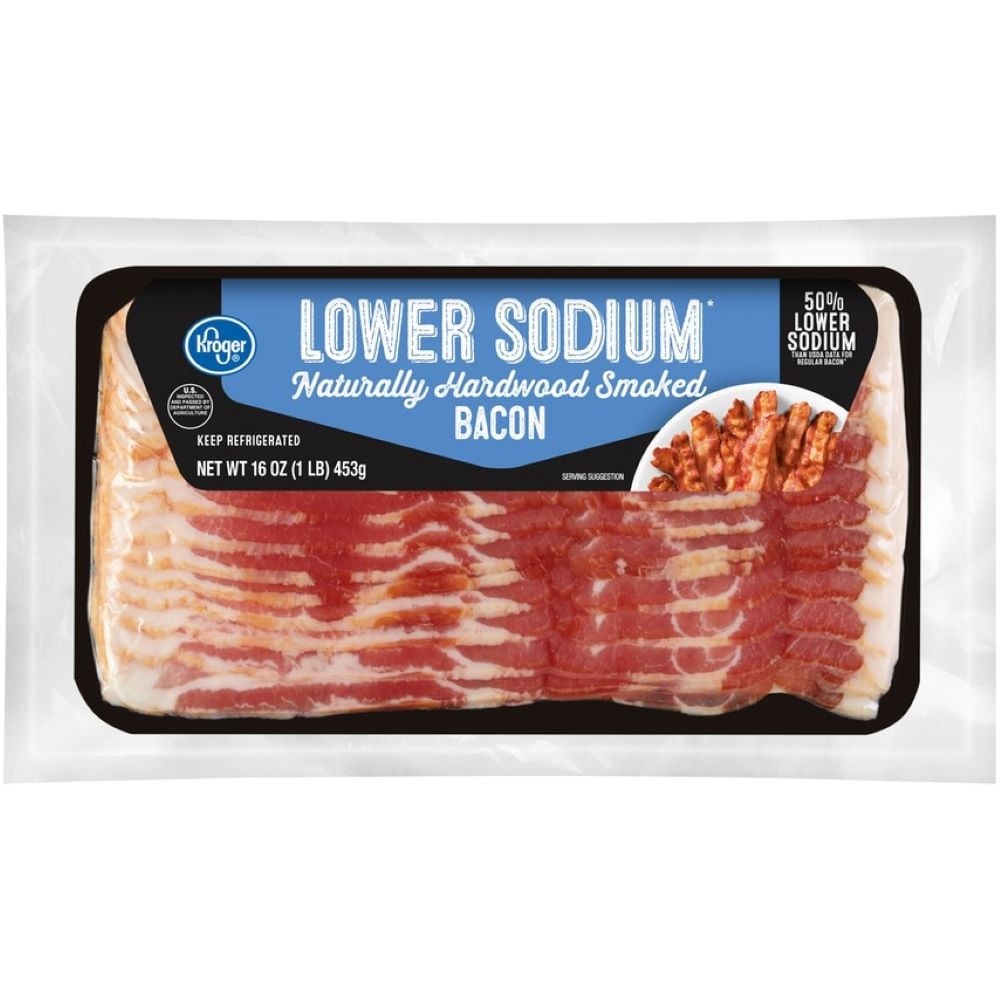 slide 1 of 1, Kroger Hardwood Smoked Lower Sodium Sliced Bacon, 16 oz