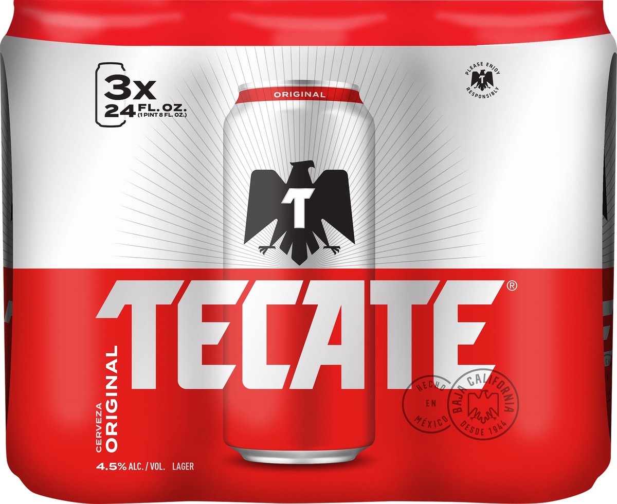 slide 1 of 6, Tecate Original Mexican Lager Beer, 3 Pack, 24 fl oz Cans, 3 ct; 24 fl oz