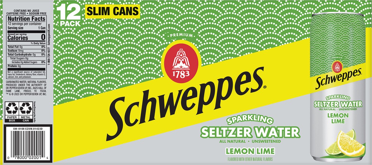 slide 11 of 12, Schweppes Lemon Lime Sparkling Seltzer Water, 12 fl oz slim cans, 12 pack, 12 ct