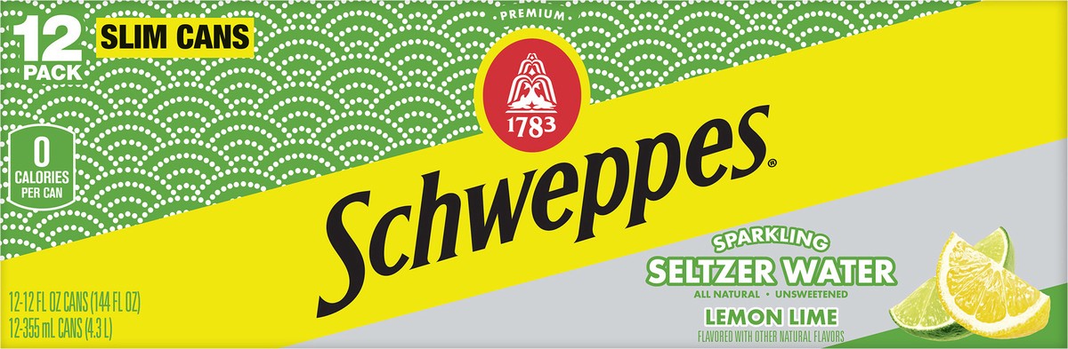 slide 7 of 12, Schweppes Lemon Lime Sparkling Seltzer Water, 12 fl oz slim cans, 12 pack, 12 ct