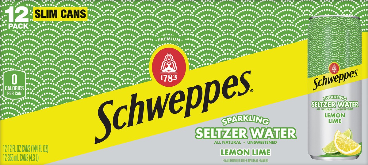 slide 3 of 12, Schweppes Lemon Lime Sparkling Seltzer Water, 12 fl oz slim cans, 12 pack, 12 ct