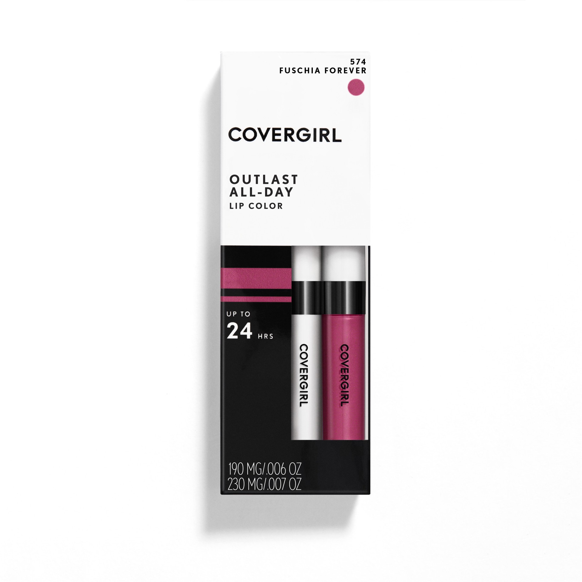 slide 1 of 4, Covergirl COVERGIRL Outlast All-Day Lip Color With Topcoat, Fuchsia Forever 574, 1.9g 0.06 oz/ 2.3ml 0.07 fl oz, 13 oz