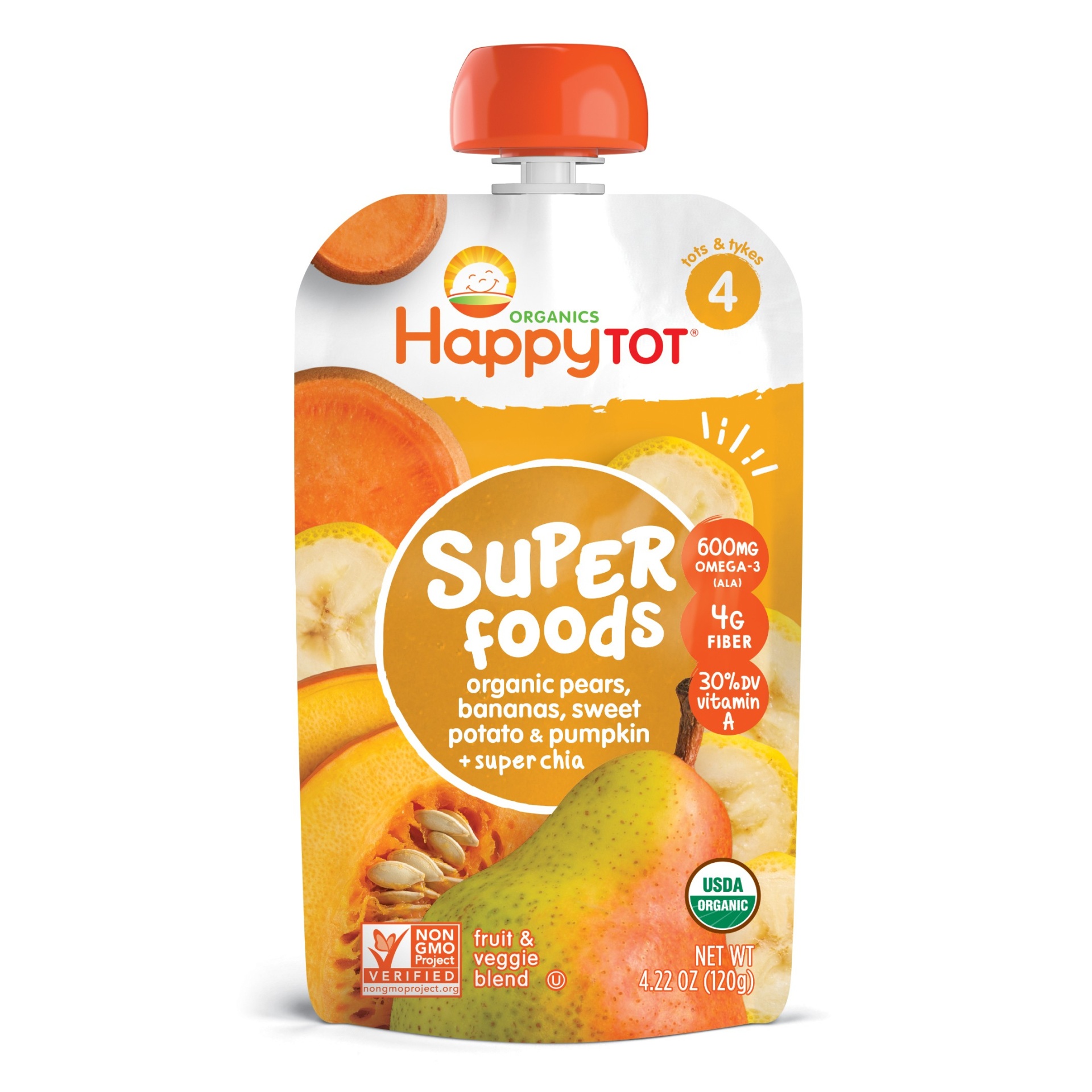 slide 1 of 6, Happy Tot Super Foods Organic Pears Bananas Sweet Potato & Pumpkin with Super Chia Baby Food Pouch - 4.22oz, 4.22 oz