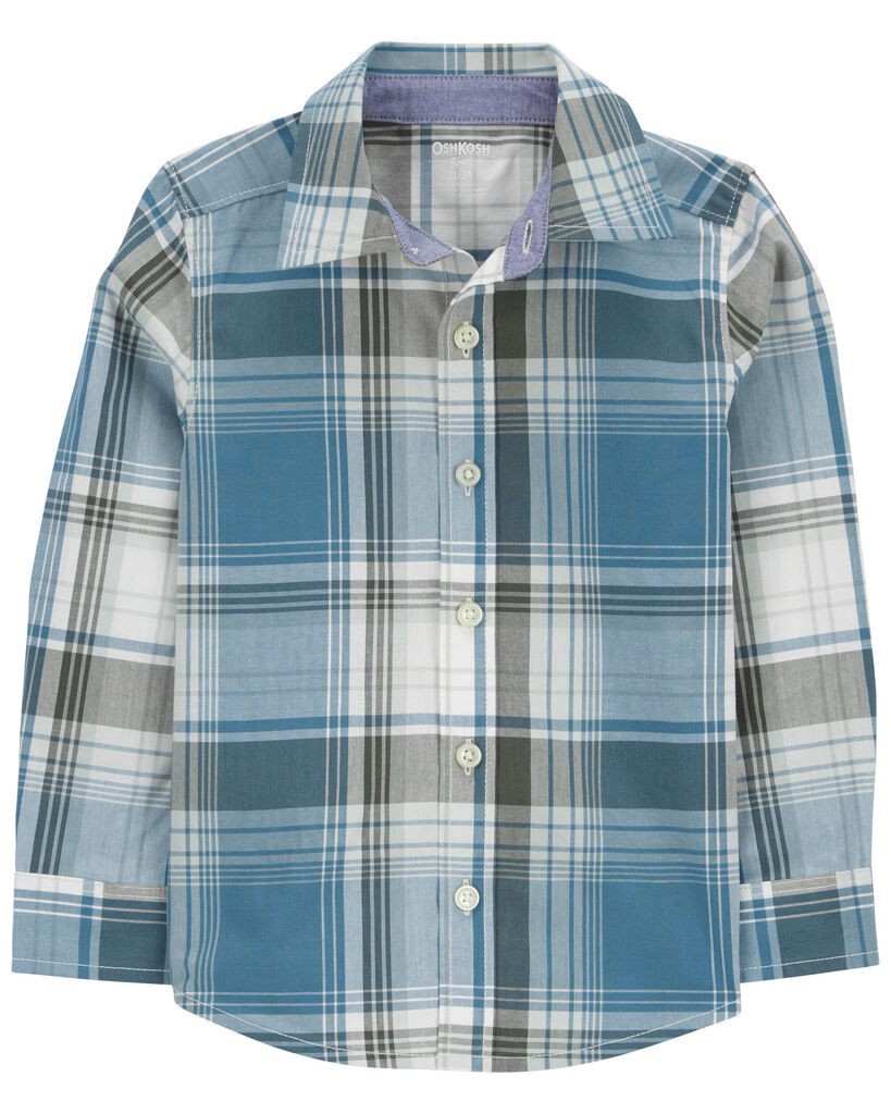 slide 3 of 3, Oshkosh Baby Plaid Button-Front Shirt Blue 18M, 1 ct