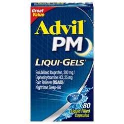 Advil PM Liqui-Gels Pain Reliever and Nighttime Sleep Aid, Ibuprofen for Pain Relief and Diphenhydramine HCL for a Sleep Aid - 80 Liquid Filled Capsules