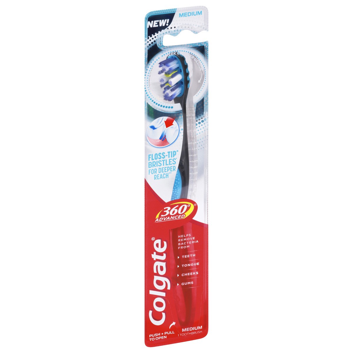 slide 2 of 9, Colgate 360° Advanced Floss-Tip Bristles Toothbrush, Medium, 1 ct
