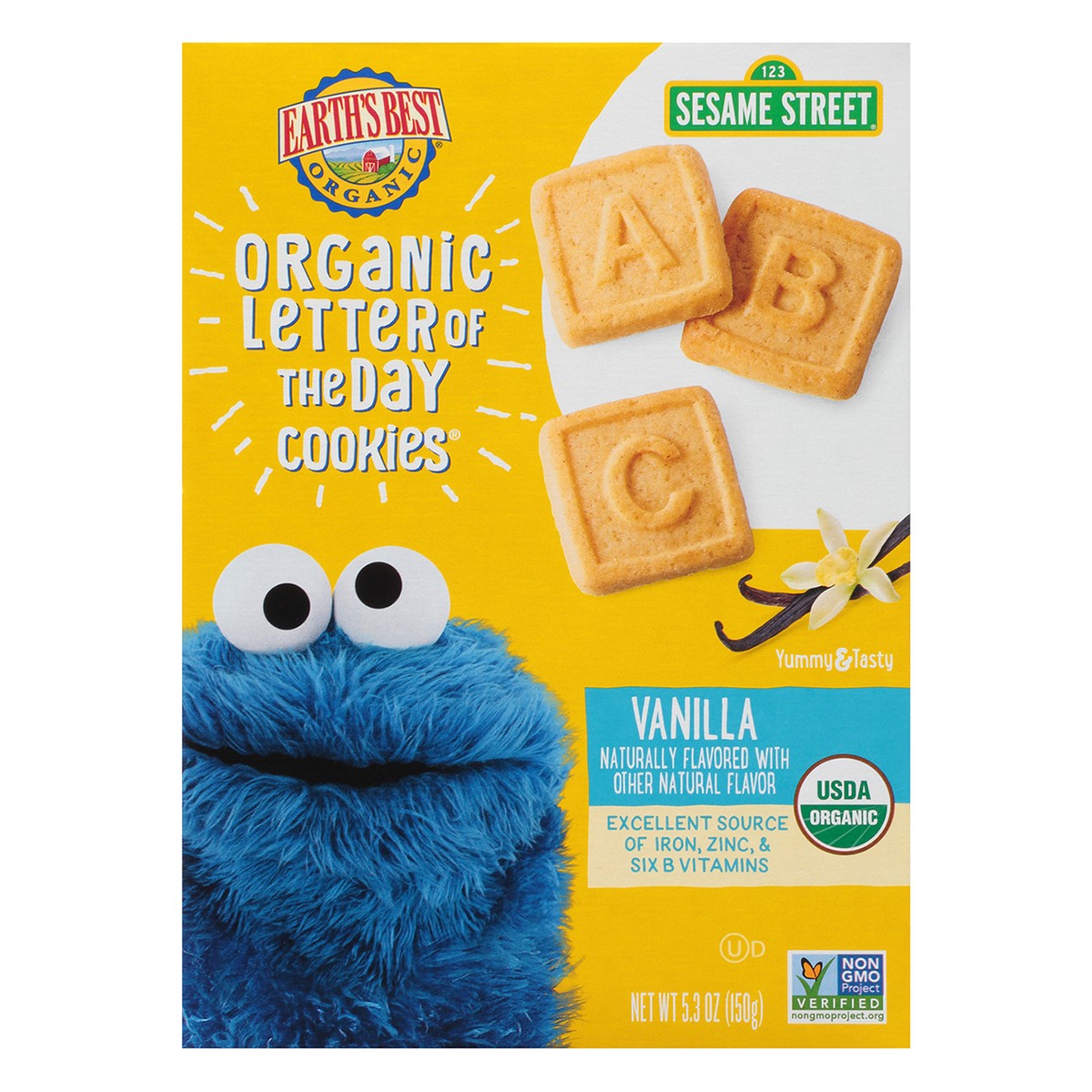 slide 1 of 8, Sesame Street Earth's Best Organic Letter Of The Day Very Vanilla Cookies, 5.3 oz