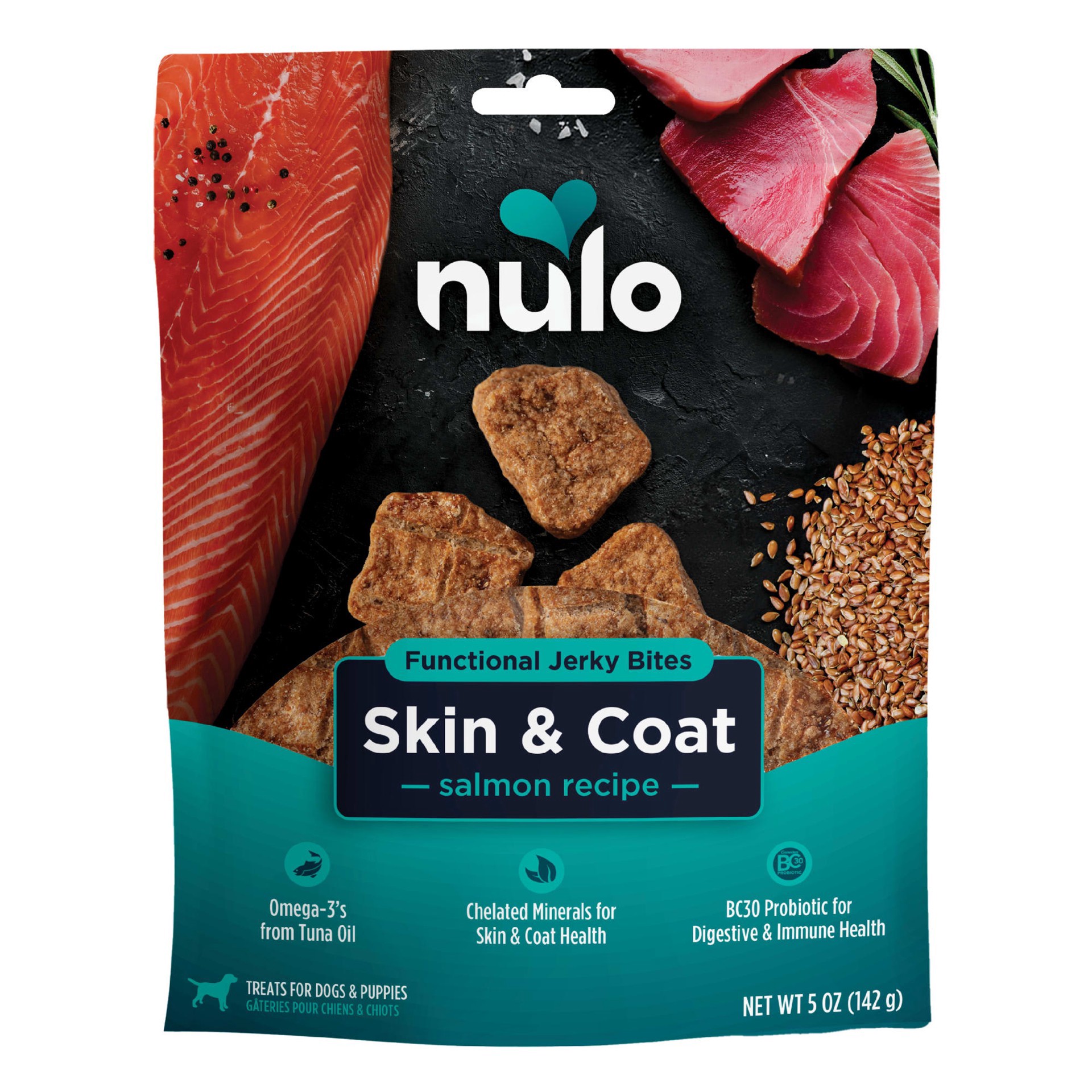 slide 1 of 1, Nulo Grain-Free Salmon, Skin & Coat Health Functional Jerky Dog Treats, 5 oz., 5 oz