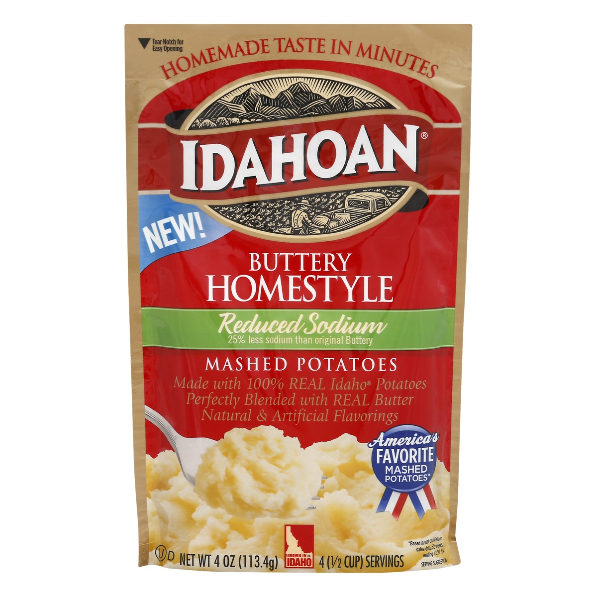 slide 1 of 1, Idahoan Loaded Buttery Homestyle Reduced Sodium Mashed Potatoes, 4 oz