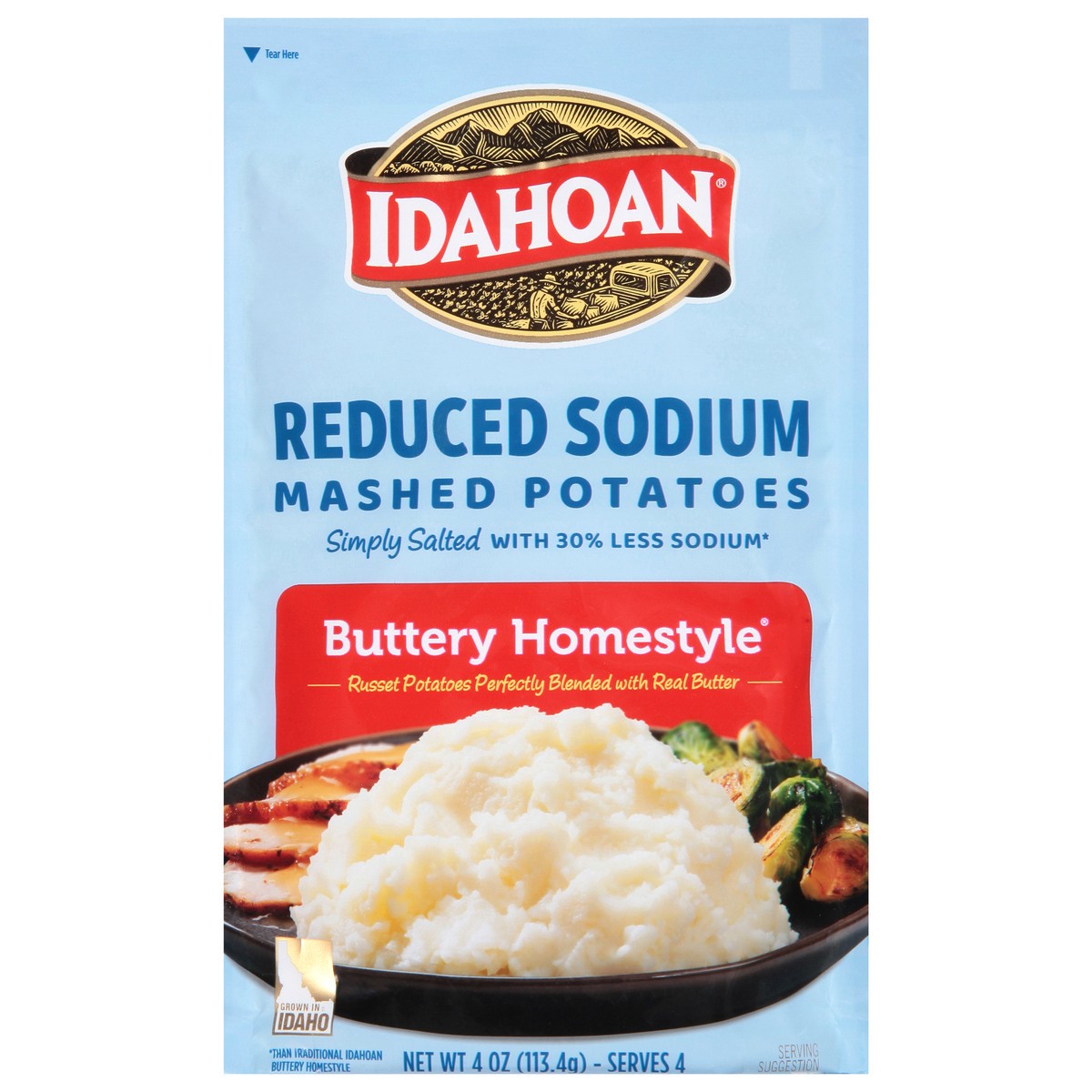 slide 1 of 12, Idahoan Reduced Sodium Buttery Homestyle Mashed Potatoes 4 oz, 4 oz