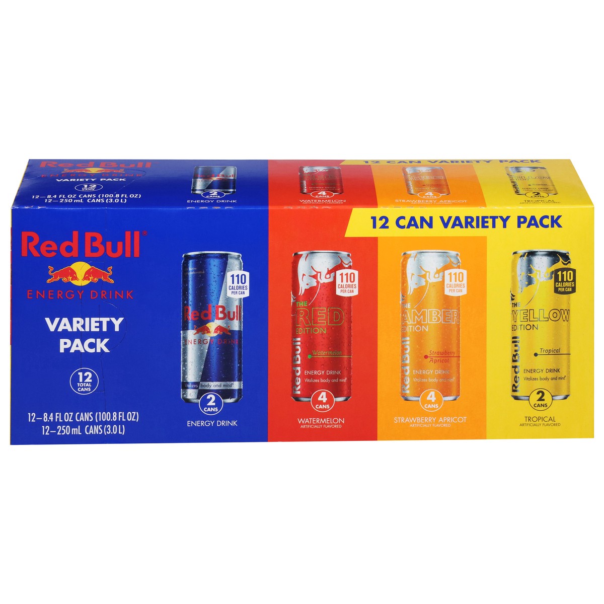 slide 12 of 14, Red Bull Energy Drink Variety Pack, Energy Drink, Red, Yellow & Amber, 80mg Caffeine, 8.4 fl oz, Pack of 12 Cans, 12 ct; 8.4 oz