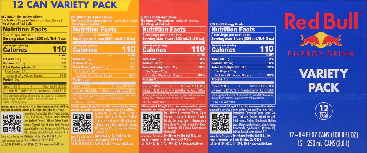 slide 14 of 14, Red Bull Energy Drink Variety Pack, Energy Drink, Red, Yellow & Amber, 80mg Caffeine, 8.4 fl oz, Pack of 12 Cans, 12 ct; 8.4 oz