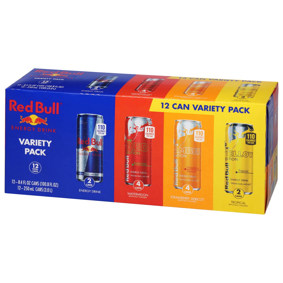 slide 13 of 14, Red Bull Energy Drink Variety Pack, Energy Drink, Red, Yellow & Amber, 80mg Caffeine, 8.4 fl oz, Pack of 12 Cans, 12 ct; 8.4 oz