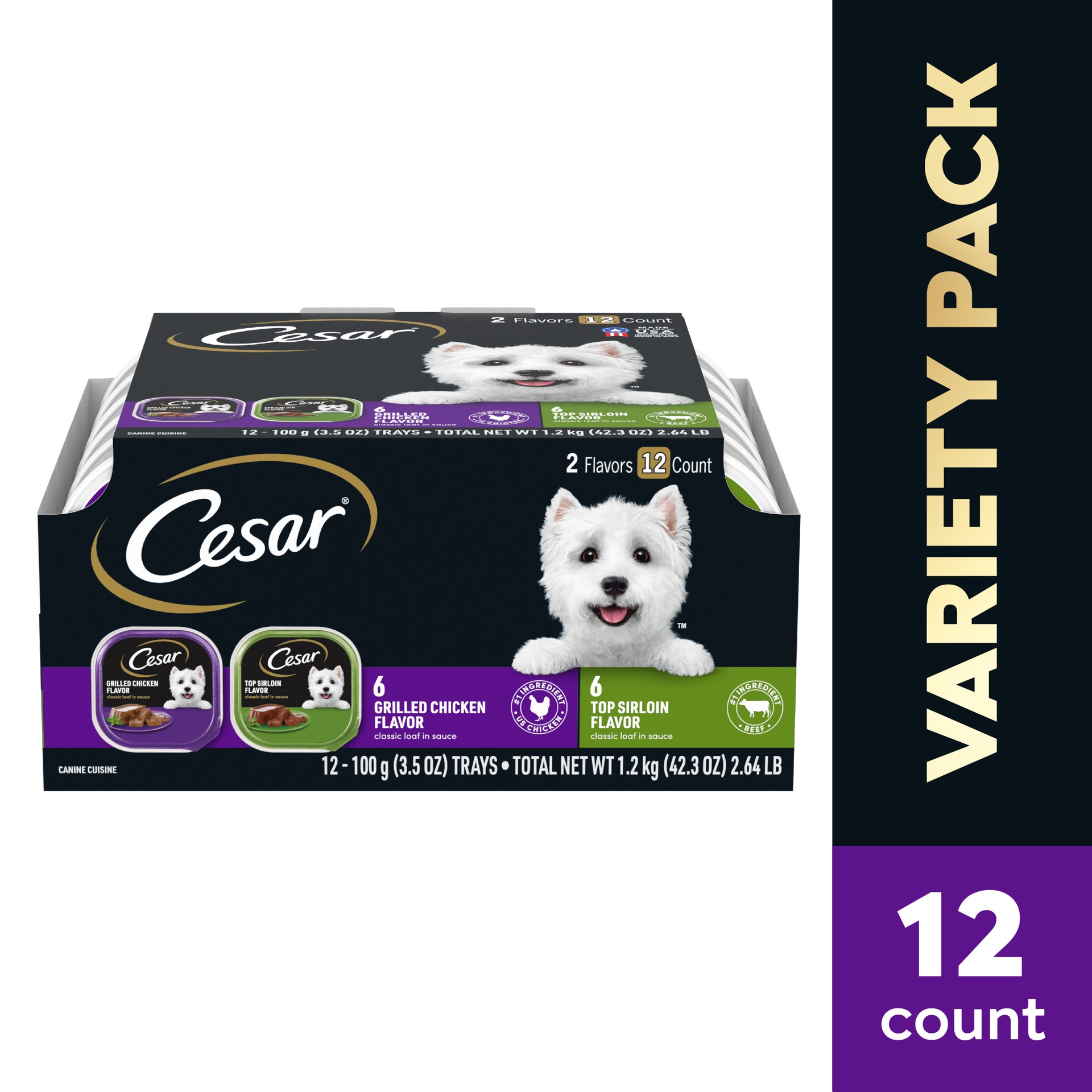 slide 1 of 5, Cesar Classic Loaf In Sauce with Top Sirloin and Grilled Chicken Adult Wet Dog Food - 3.5oz/12ct, 3.5 oz