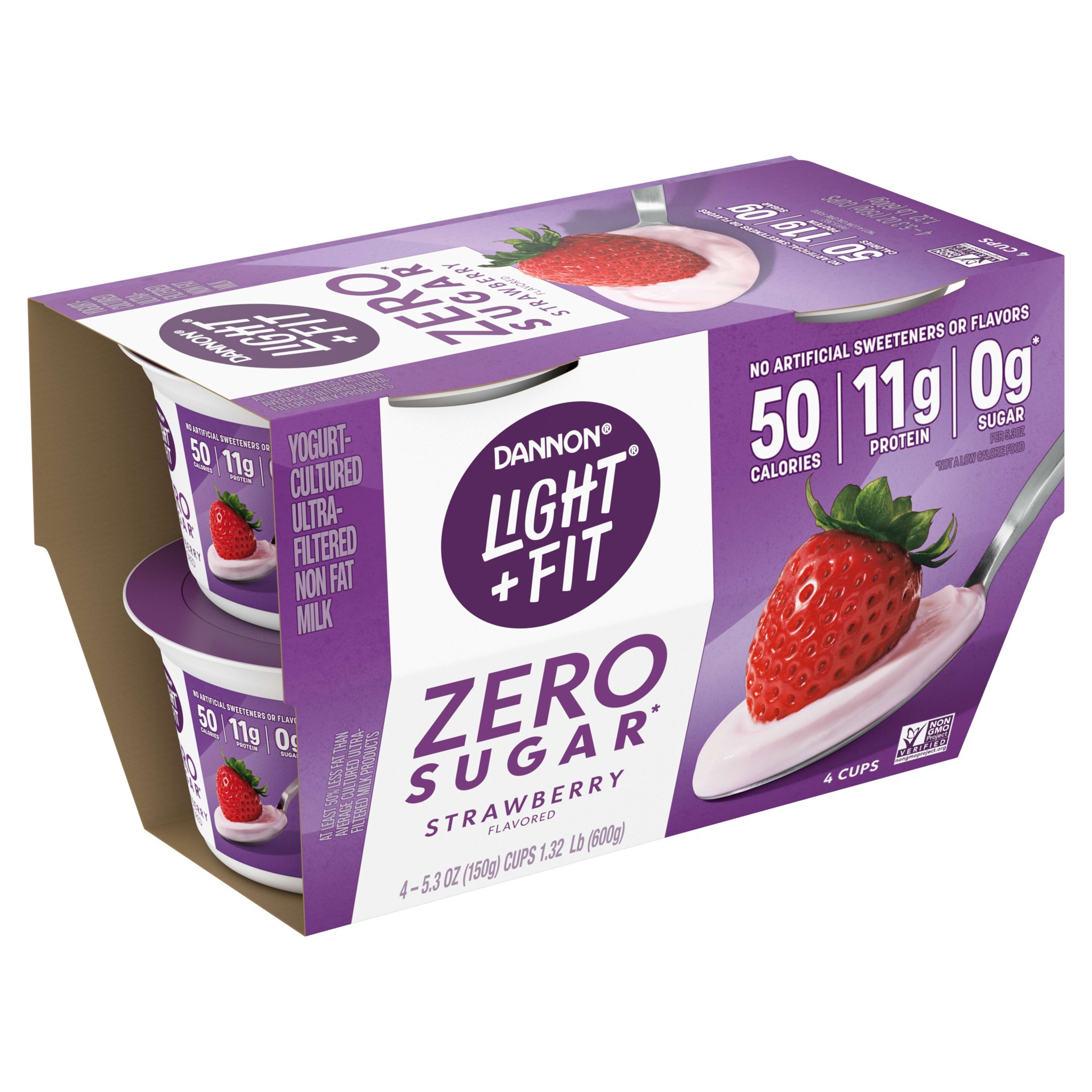 slide 4 of 5, Light + Fit Dannon Light + Fit Zero Sugar, Strawberry Yogurt-Cultured Ultra-Filtered Non Fat Milk, Creamy and Delicious Gluten Free Snacks, 4 Ct, 5.3 OZ, 5.3 oz