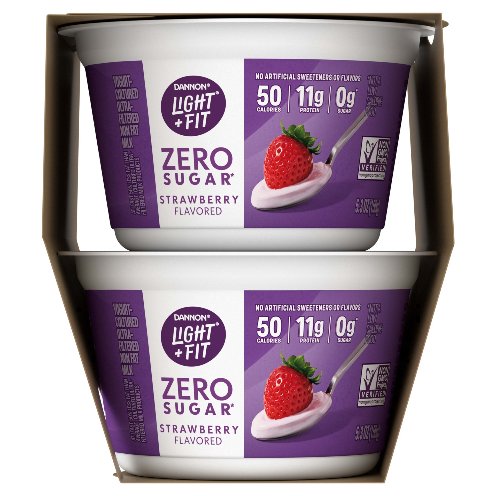 slide 2 of 5, Light + Fit Dannon Light + Fit Zero Sugar, Strawberry Yogurt-Cultured Ultra-Filtered Non Fat Milk, Creamy and Delicious Gluten Free Snacks, 4 Ct, 5.3 OZ, 5.3 oz