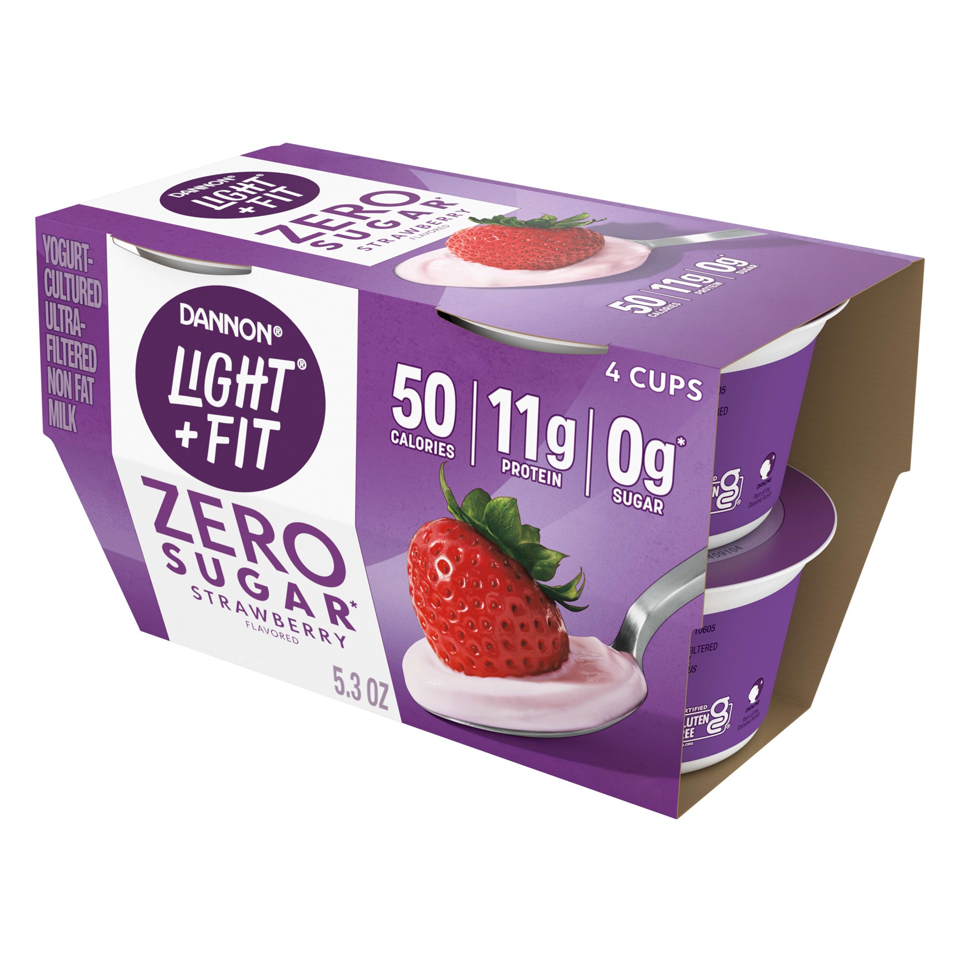 slide 1 of 5, Light + Fit Dannon Light + Fit Zero Sugar, Strawberry Yogurt-Cultured Ultra-Filtered Non Fat Milk, Creamy and Delicious Gluten Free Snacks, 4 Ct, 5.3 OZ, 5.3 oz