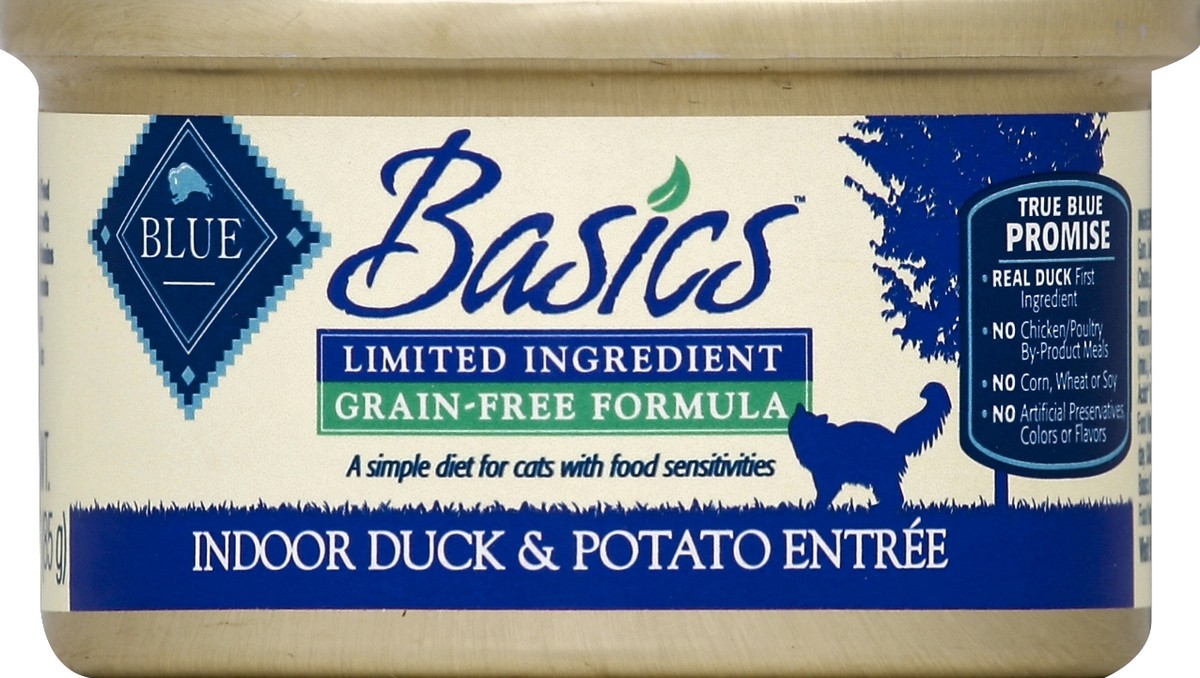 slide 2 of 2, Blue Buffalo Basics Skin & Stomach Care, Grain Free Natural Adult Pate Wet Cat Food, Indoor Duck 3-oz Can, 3 oz