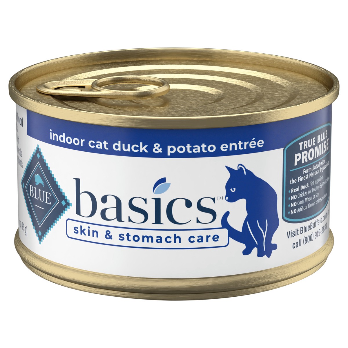 slide 1 of 2, Blue Buffalo Basics Skin & Stomach Care, Grain Free Natural Adult Pate Wet Cat Food, Indoor Duck 3-oz Can, 3 oz
