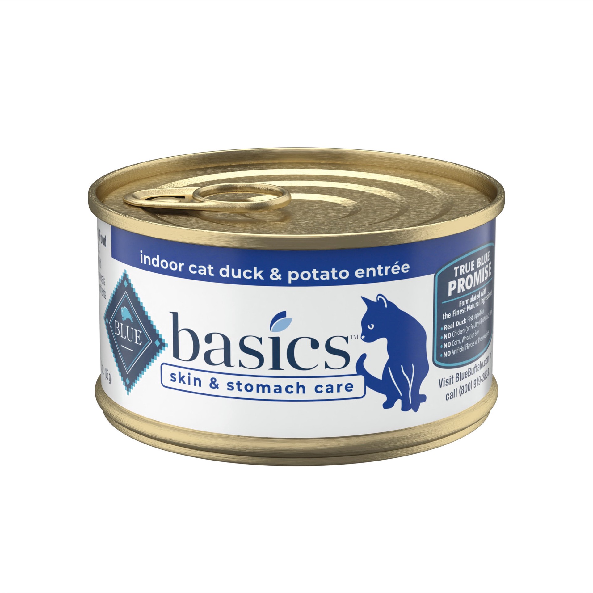 slide 1 of 2, Blue Buffalo Basics Skin & Stomach Care, Grain Free Natural Adult Pate Wet Cat Food, Indoor Duck 3-oz Can, 3 oz