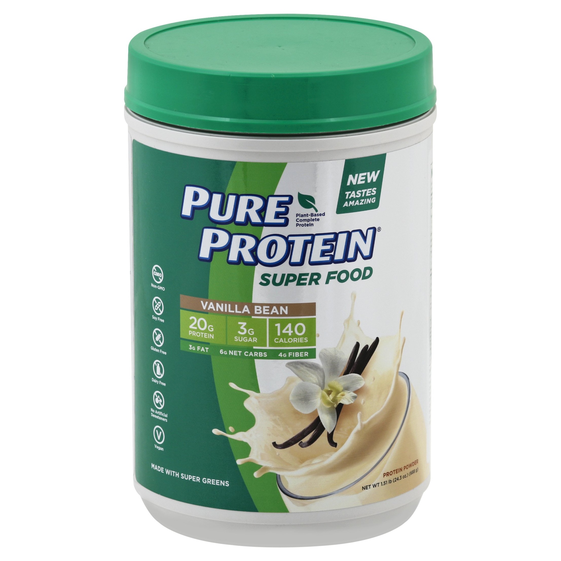 slide 1 of 1, Pure Protein Super Food Plant-Based Protein Powder, Vanilla Bean, 1.51 lb