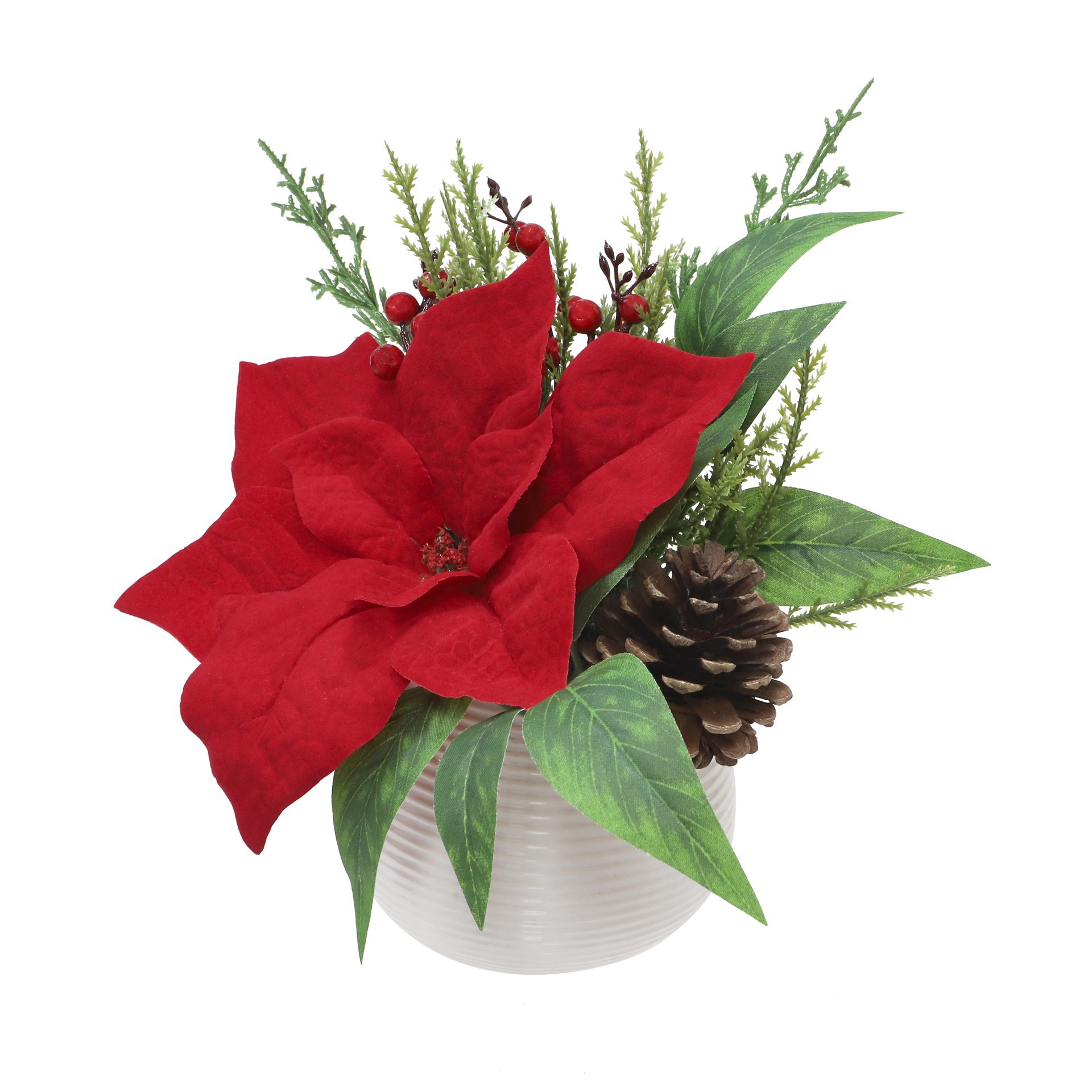 slide 2 of 3, 10.5" Red Poinsettia, Cedar & Pinecone Arrangement In White Ceramic Pot By Ashland, 10.5 in