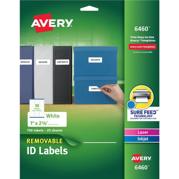 slide 10 of 10, Avery 1 x 2-5/8 Inkjet/Laser Removable I.D. Labels - White, 750 ct