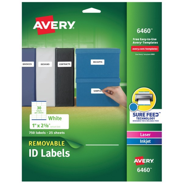 slide 1 of 10, Avery 1 x 2-5/8 Inkjet/Laser Removable I.D. Labels - White, 750 ct