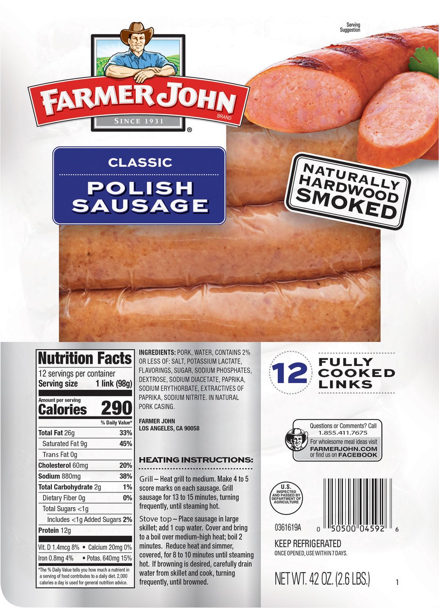 slide 2 of 2, Farmer John Classic Smoked Polish Sausage, 12 ct