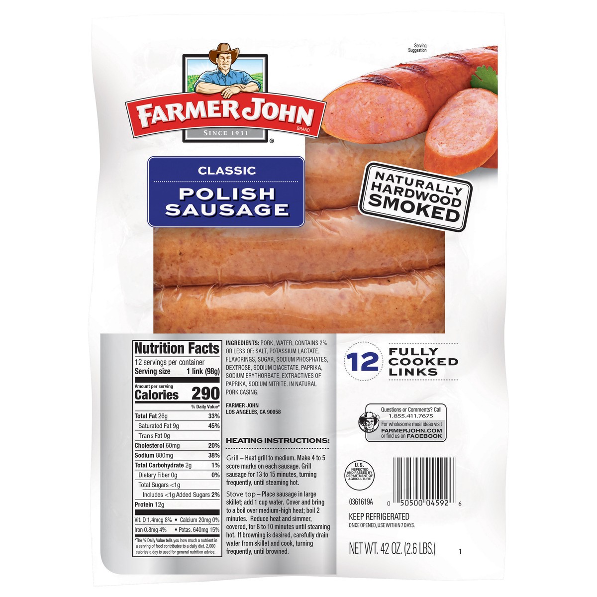 slide 1 of 2, Farmer John Classic Smoked Polish Sausage, 12 ct