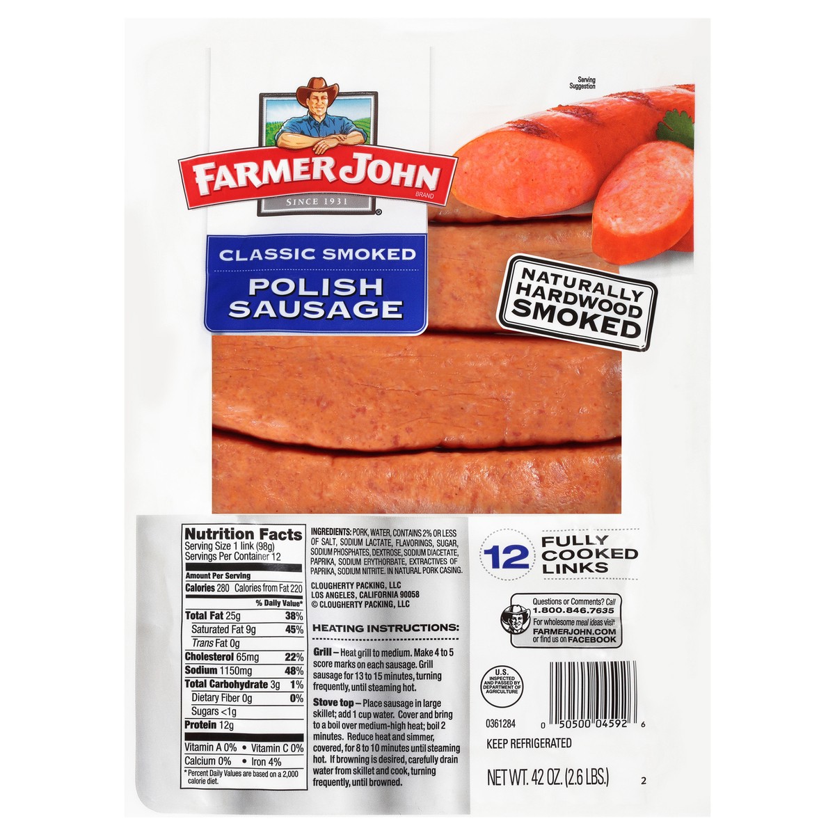 slide 1 of 2, Farmer John Classic Polish Sausage, 42oz, 12 ct