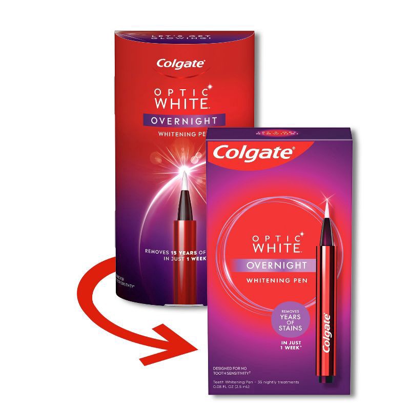 slide 1 of 8, Colgate Optic White Overnight Teeth Whitening Pen with 3% Hydrogen Peroxide Gel Treatment, 0.08 fl oz