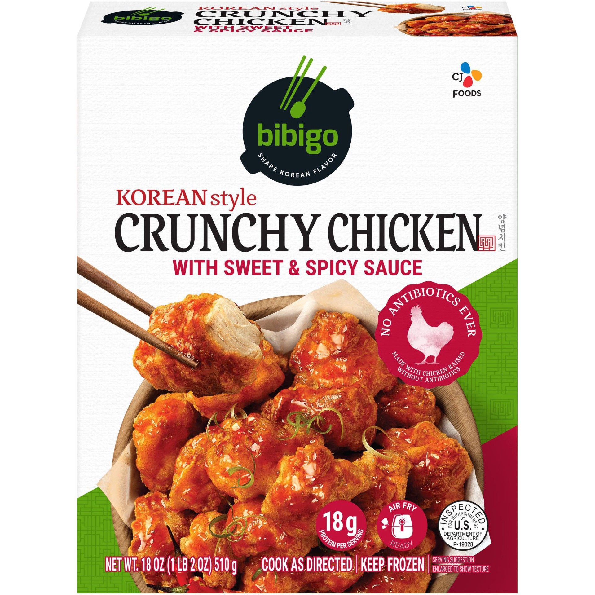 slide 1 of 9, Bibigo Korean Style Crunchy Chicken with Sweet & Spicy Sauce 18 oz. Box, 18 oz