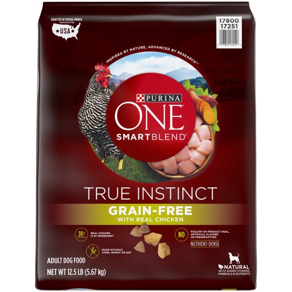 slide 1 of 11, Purina ONE Grain Free, Natural, High Protein Dry Dog Food, SmartBlend True Instinct Real Chicken, 12.50 lb