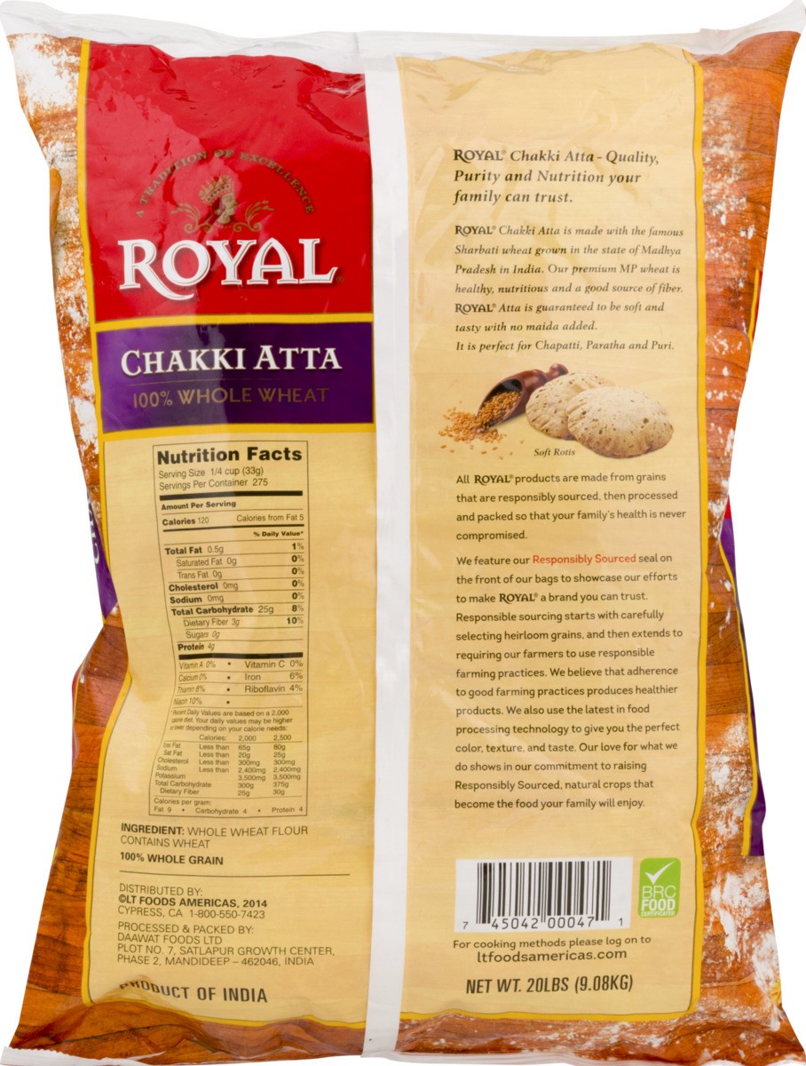 slide 9 of 9, Royal Chakki Atta 100% Whole Wheat, 20 lb