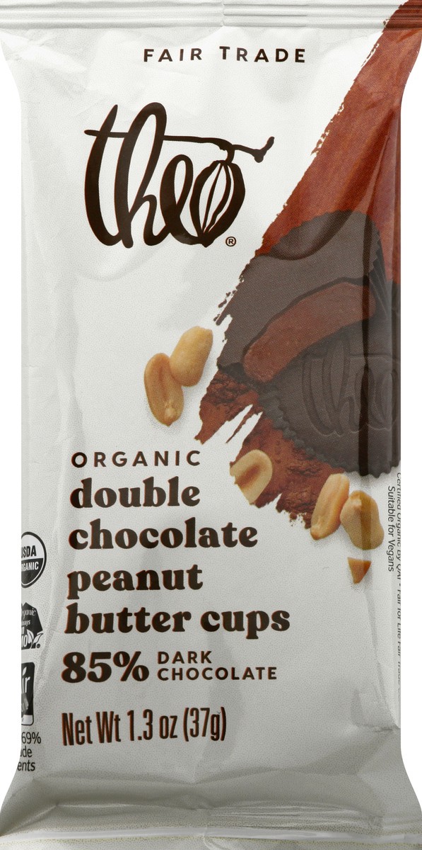 slide 3 of 12, Theo Chocolate Theo Peanut Butter Cups, Organic, Double Chocolate, 85% Dark Chocolate, 1.3 oz