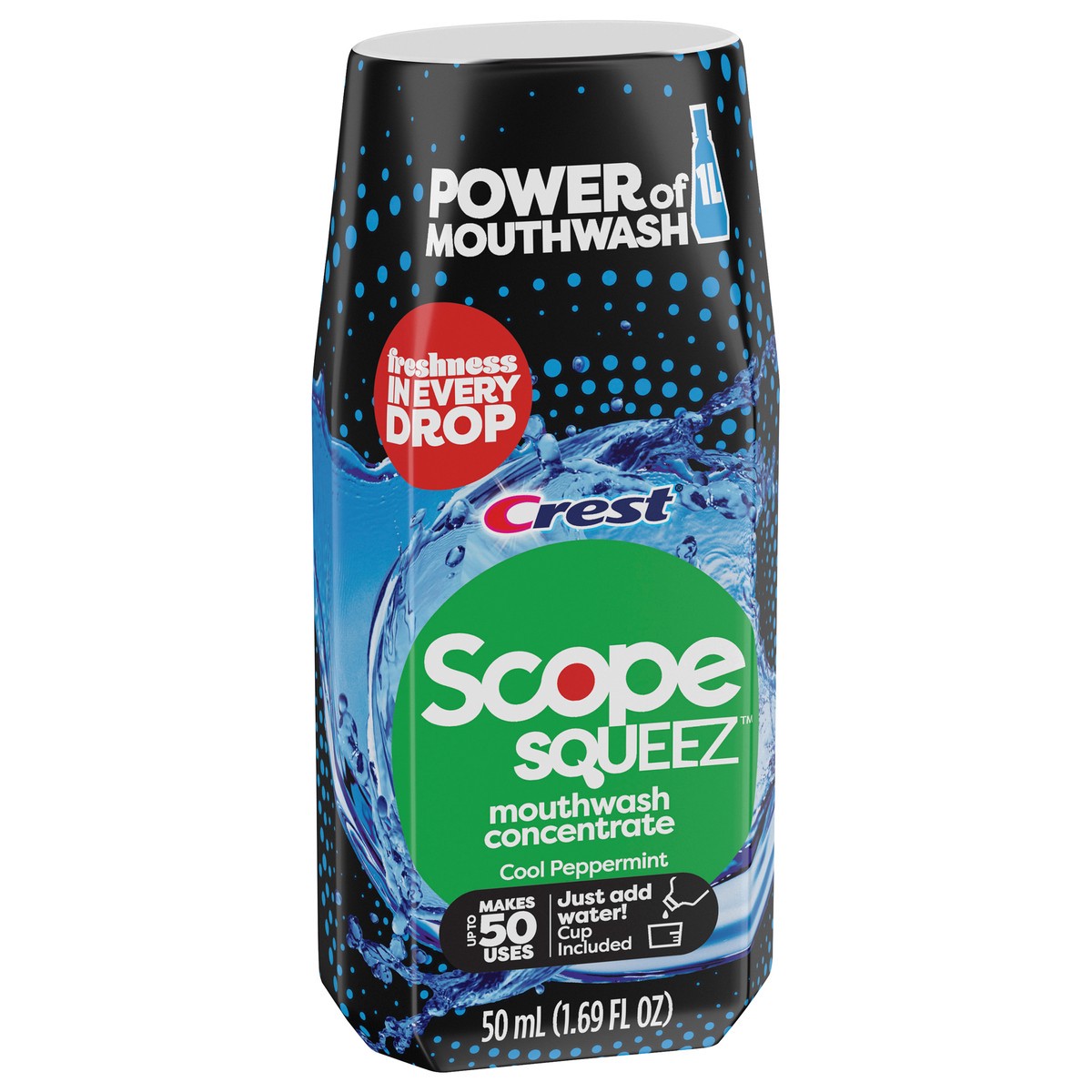 slide 5 of 5, Crest Scope Squeez Mouthwash Concentrate, Cool Peppermint Flavor, 50mL Bottle, Equal Uses up to 1L Bottle *vs 1L Scope Outlast Mouthwash, Squeez to Control the Strength, 1.69 fl oz