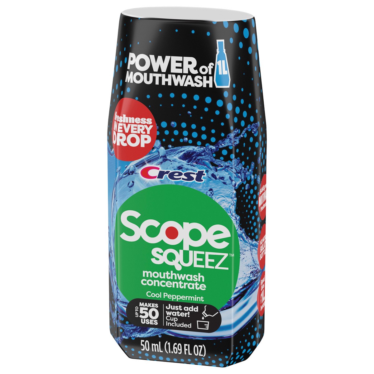 slide 4 of 5, Crest Scope Squeez Mouthwash Concentrate, Cool Peppermint Flavor, 50mL Bottle, Equal Uses up to 1L Bottle *vs 1L Scope Outlast Mouthwash, Squeez to Control the Strength, 1.69 fl oz