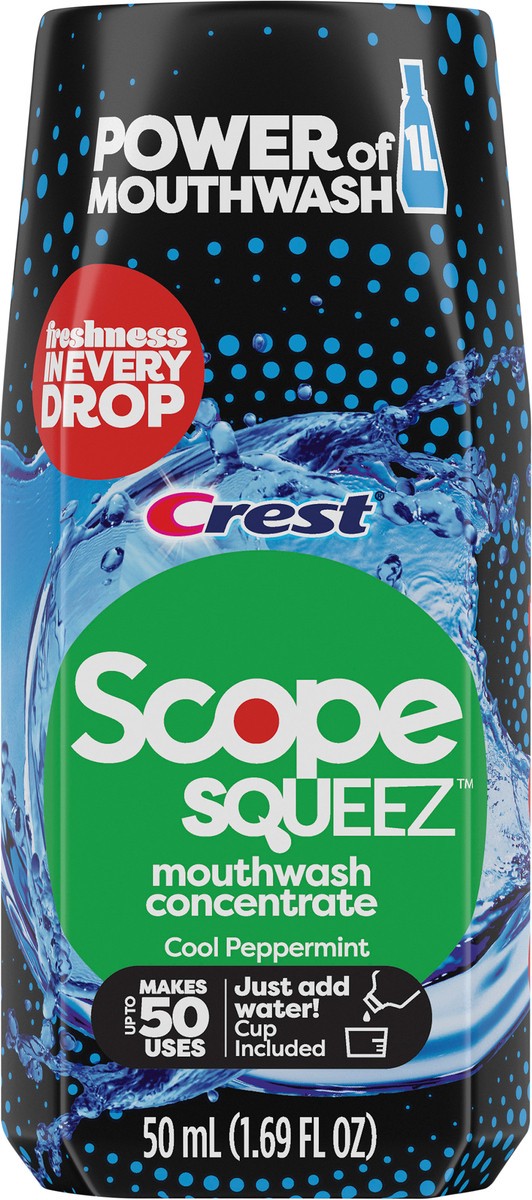 slide 2 of 5, Crest Scope Squeez Mouthwash Concentrate, Cool Peppermint Flavor, 50mL Bottle, Equal Uses up to 1L Bottle *vs 1L Scope Outlast Mouthwash, Squeez to Control the Strength, 1.69 fl oz