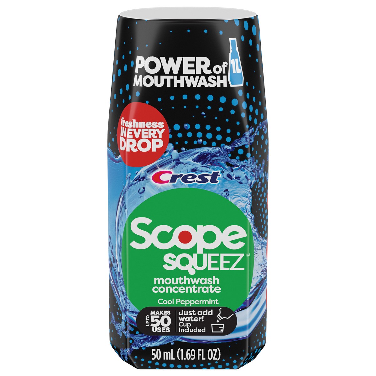 slide 1 of 5, Crest Scope Squeez Mouthwash Concentrate, Cool Peppermint Flavor, 50mL Bottle, Equal Uses up to 1L Bottle *vs 1L Scope Outlast Mouthwash, Squeez to Control the Strength, 1.69 fl oz