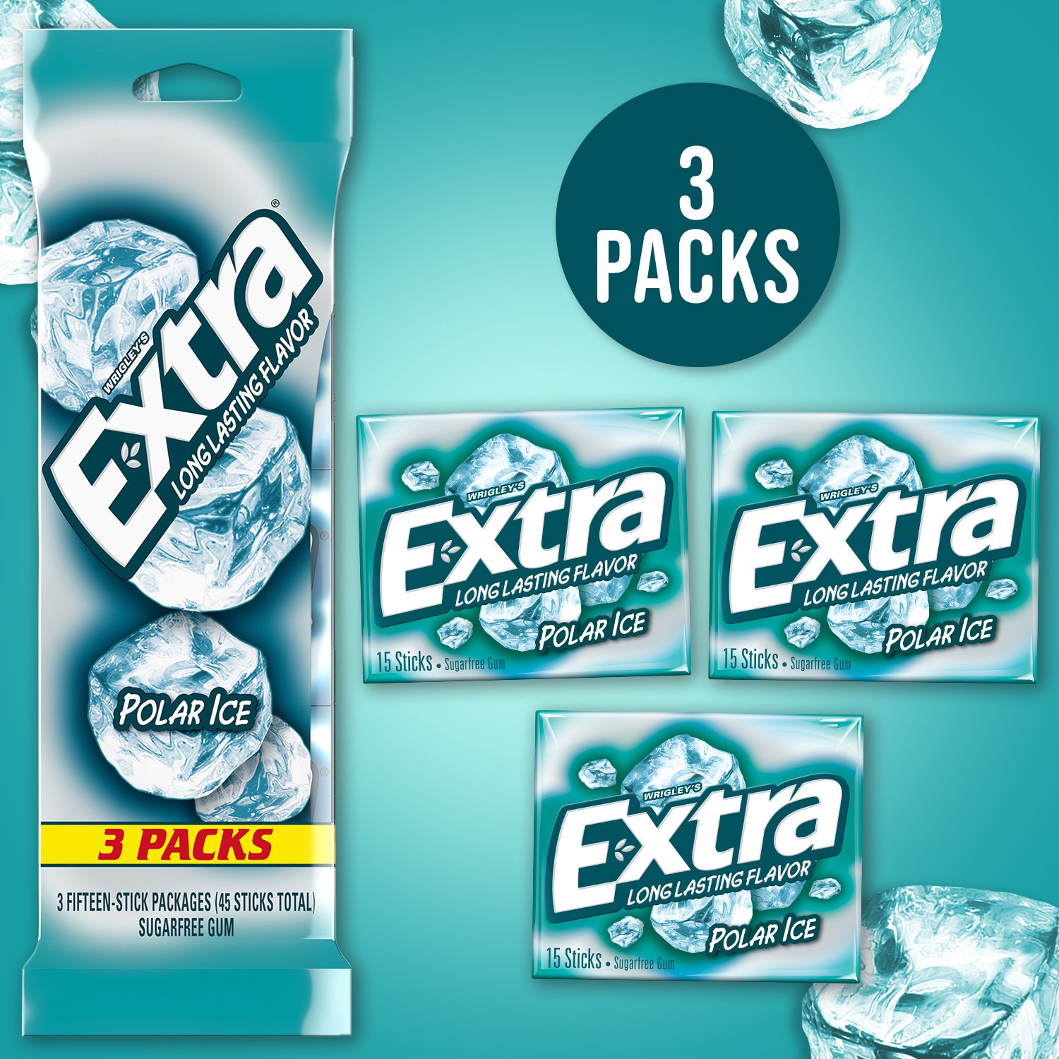 slide 4 of 8, EXTRA Polar Ice Sugar Free Chewing Gum, 15 ct (3 Pack), 45 pc
