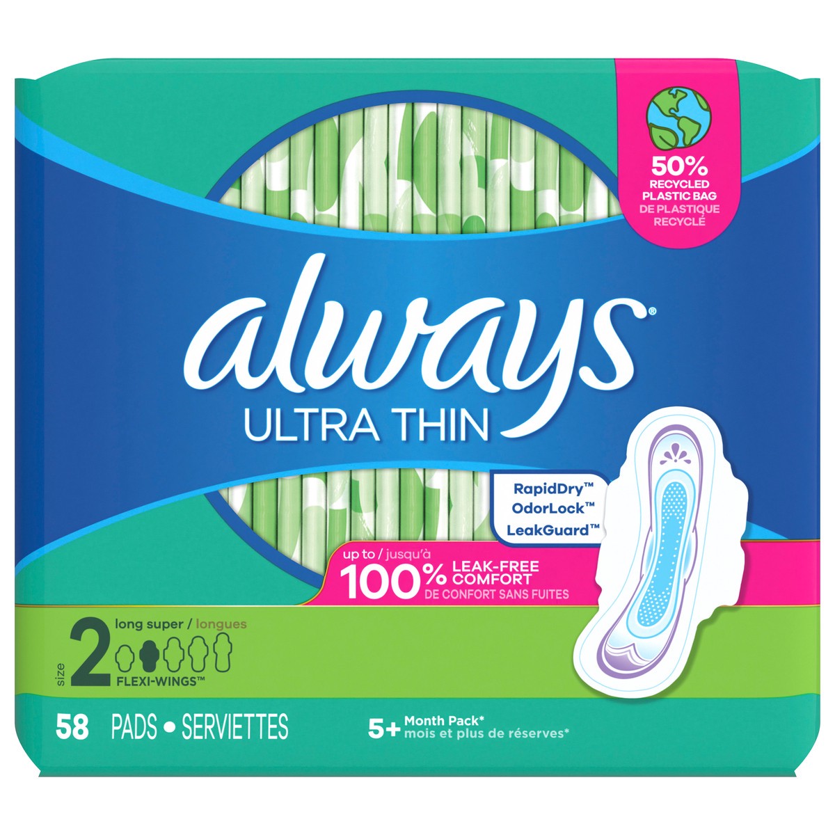 slide 1 of 3, Always Ultra Thin Feminine Pads with Wings for Women, Size 2, Long Super Absorbency, Unscented, 58 Count, 58 ct