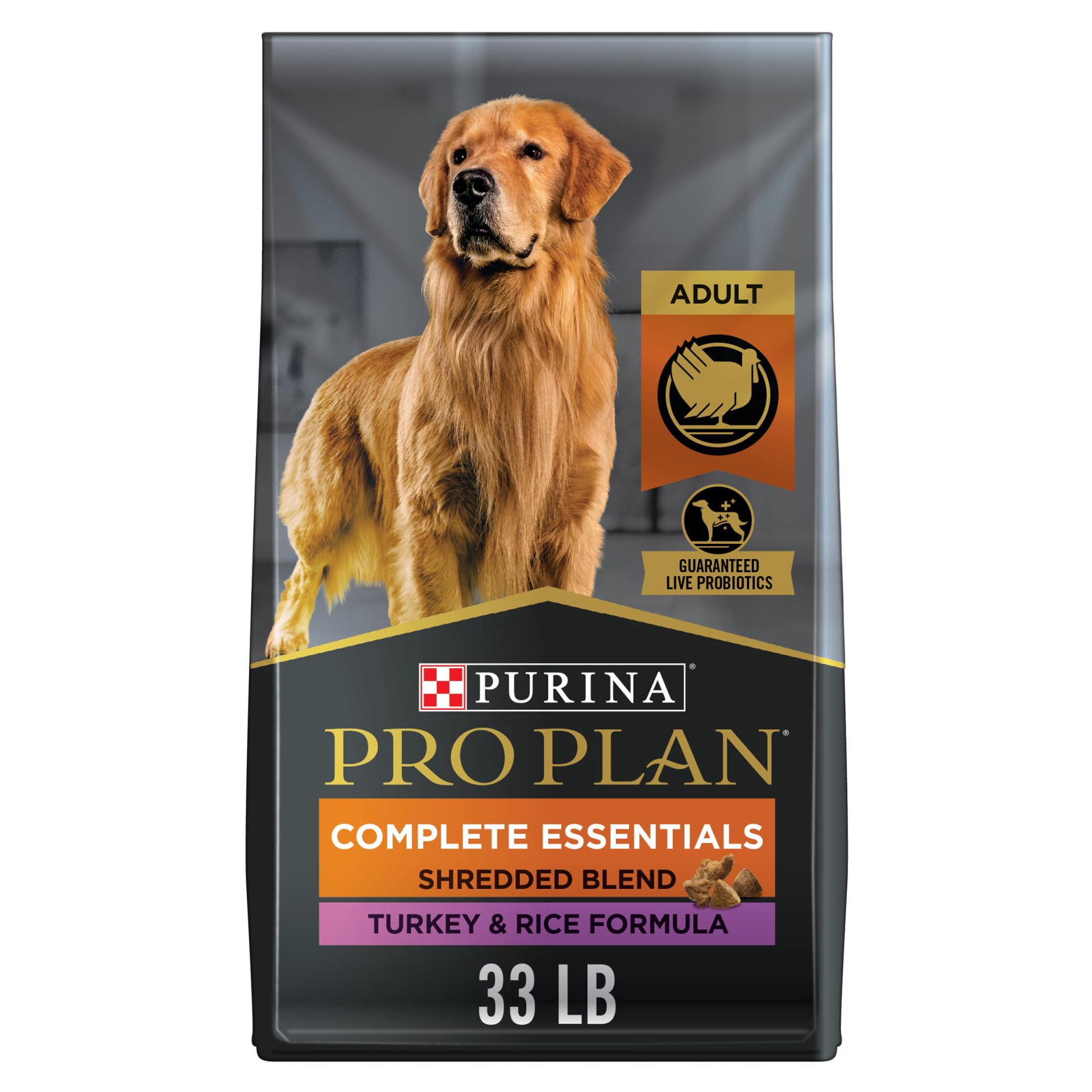 slide 1 of 7, Purina Pro Plan Complete Essentials Shredded Blend Turkey and Rice Dog Food Dry Formula with Probiotics for Dogs, 33 lb
