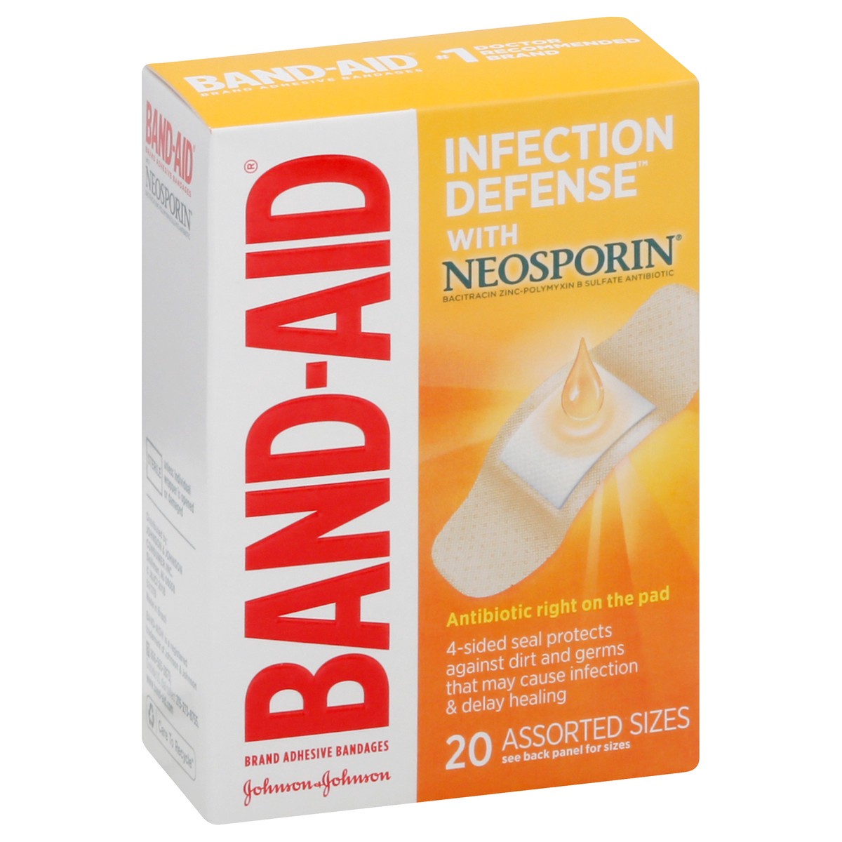 slide 2 of 9, BAND-AID Adhesive Bandages Infection Defense with Neosporin Antibiotic Ointment, Pack of Assorted Sizes, for Wound Care and First Aid, 20 ct, 20 ct