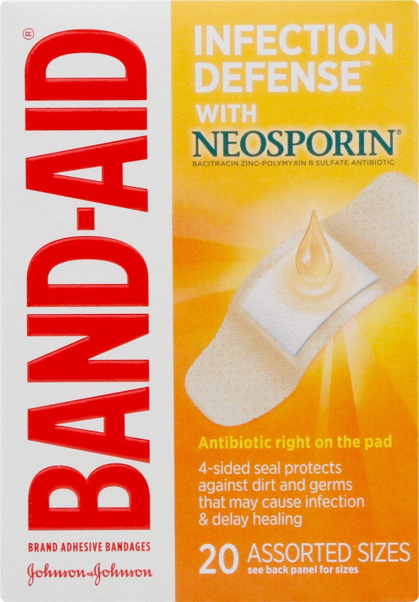 slide 8 of 9, BAND-AID Adhesive Bandages Infection Defense with Neosporin Antibiotic Ointment, Pack of Assorted Sizes, for Wound Care and First Aid, 20 ct, 20 ct