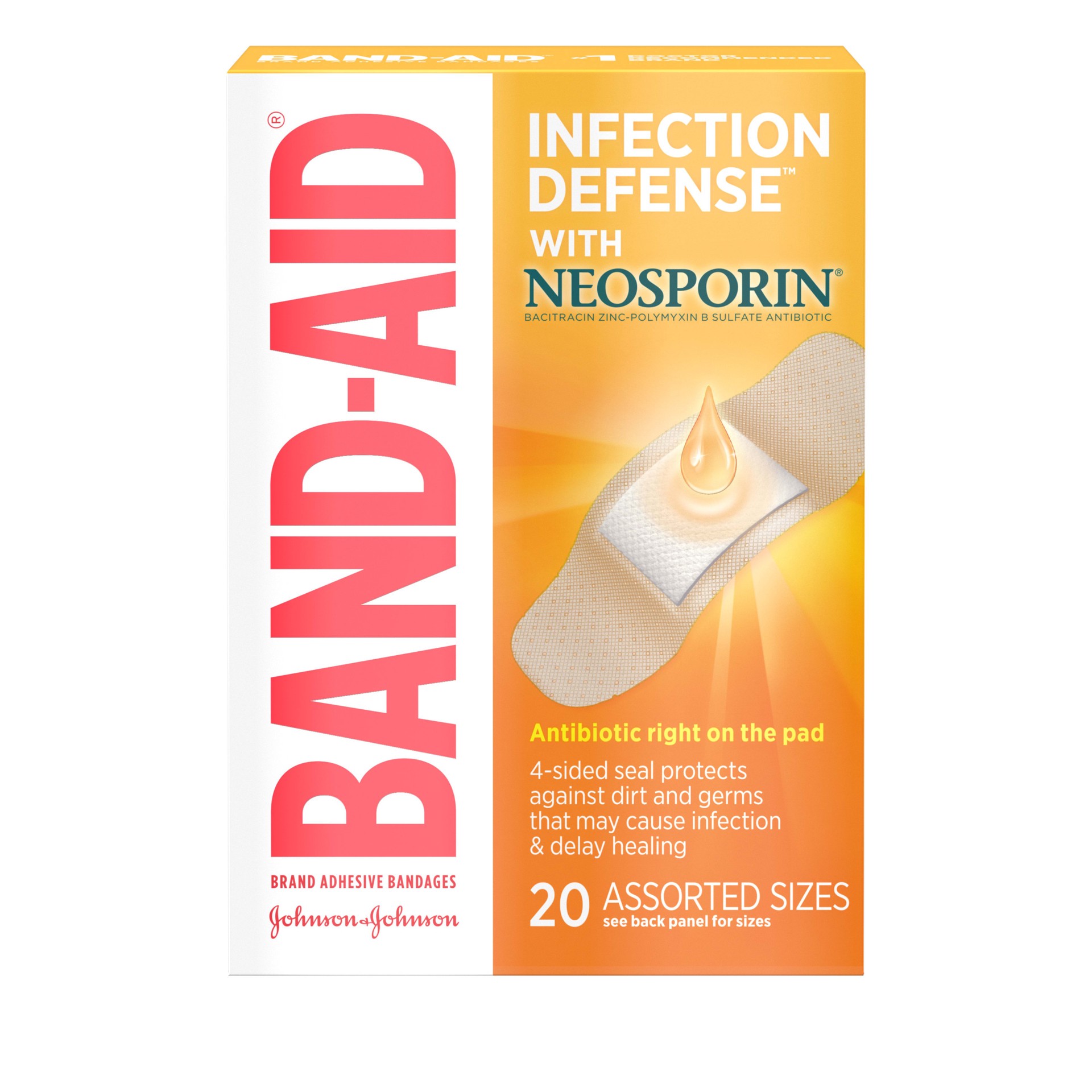 slide 1 of 9, BAND-AID Adhesive Bandages Infection Defense with Neosporin Antibiotic Ointment, Pack of Assorted Sizes, for Wound Care and First Aid, 20 ct, 20 ct