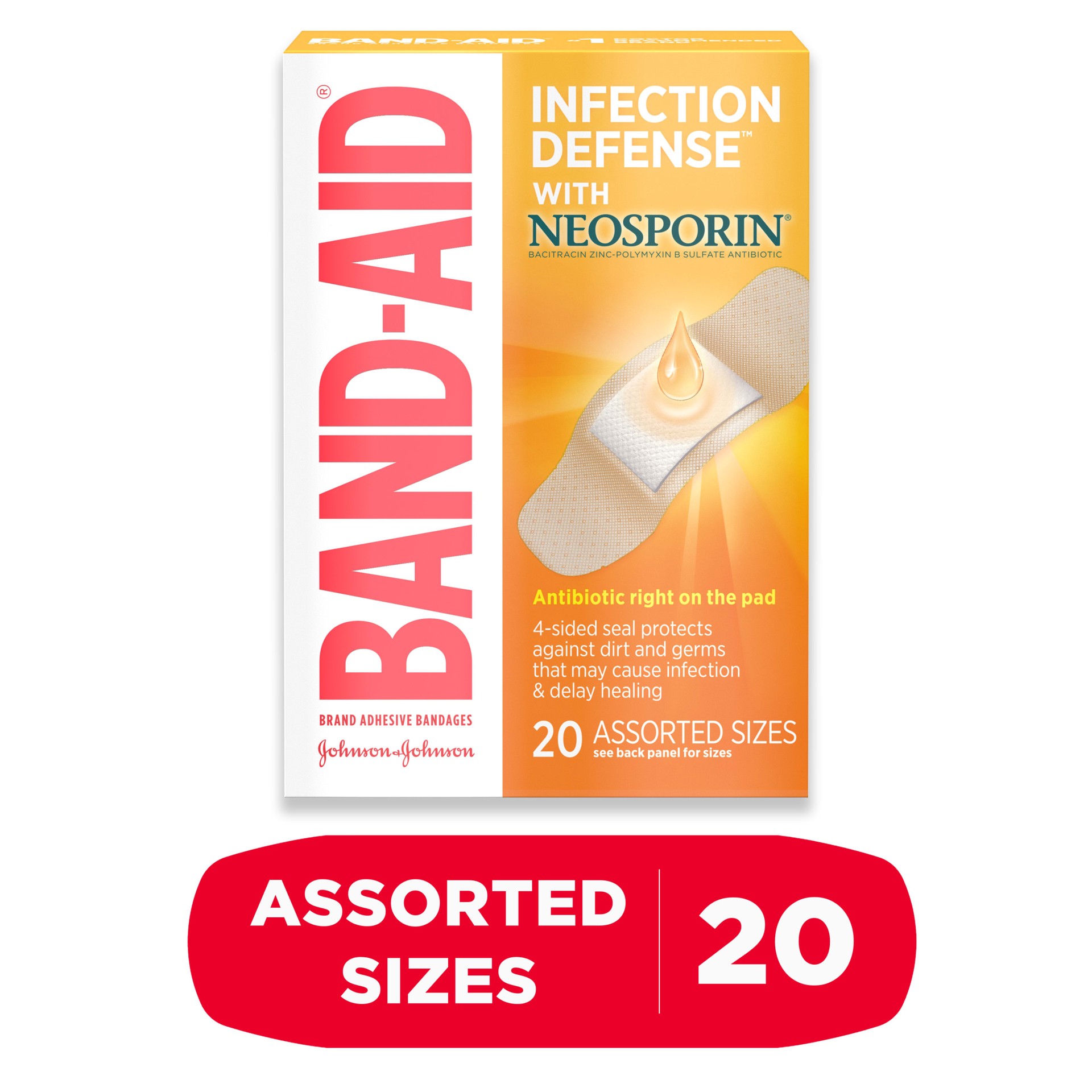 slide 1 of 9, BAND-AID Adhesive Bandages Infection Defense with Neosporin Antibiotic Ointment, Pack of Assorted Sizes, for Wound Care and First Aid, 20 ct, 20 ct