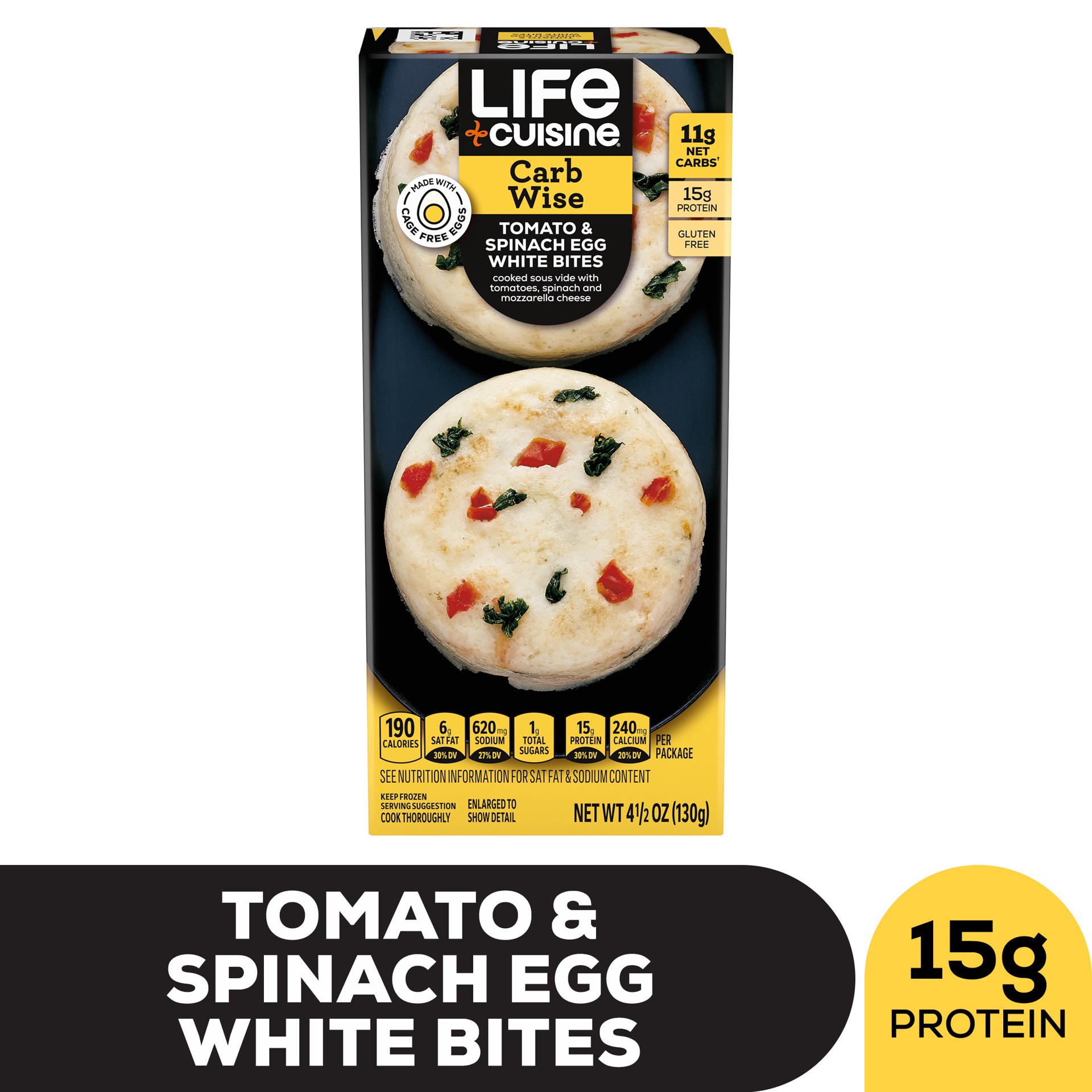 slide 1 of 9, Life Cuisine Frozen Meal Tomato & Spinach Egg White Egg Bites, Carb Wise Microwave Meal, Carb Conscious Frozen Snacks, 4.5 oz