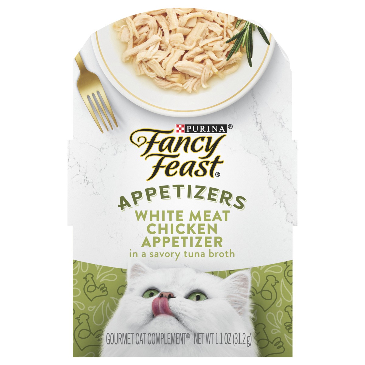 slide 1 of 7, Fancy Feast Purina Fancy Feast Appetizers Grain Free Wet Cat Food Complement White Meat Chicken Appetizer in a Savory Tuna Broth Cat Food Topper - 1.1 oz. Tray, 1.1 oz